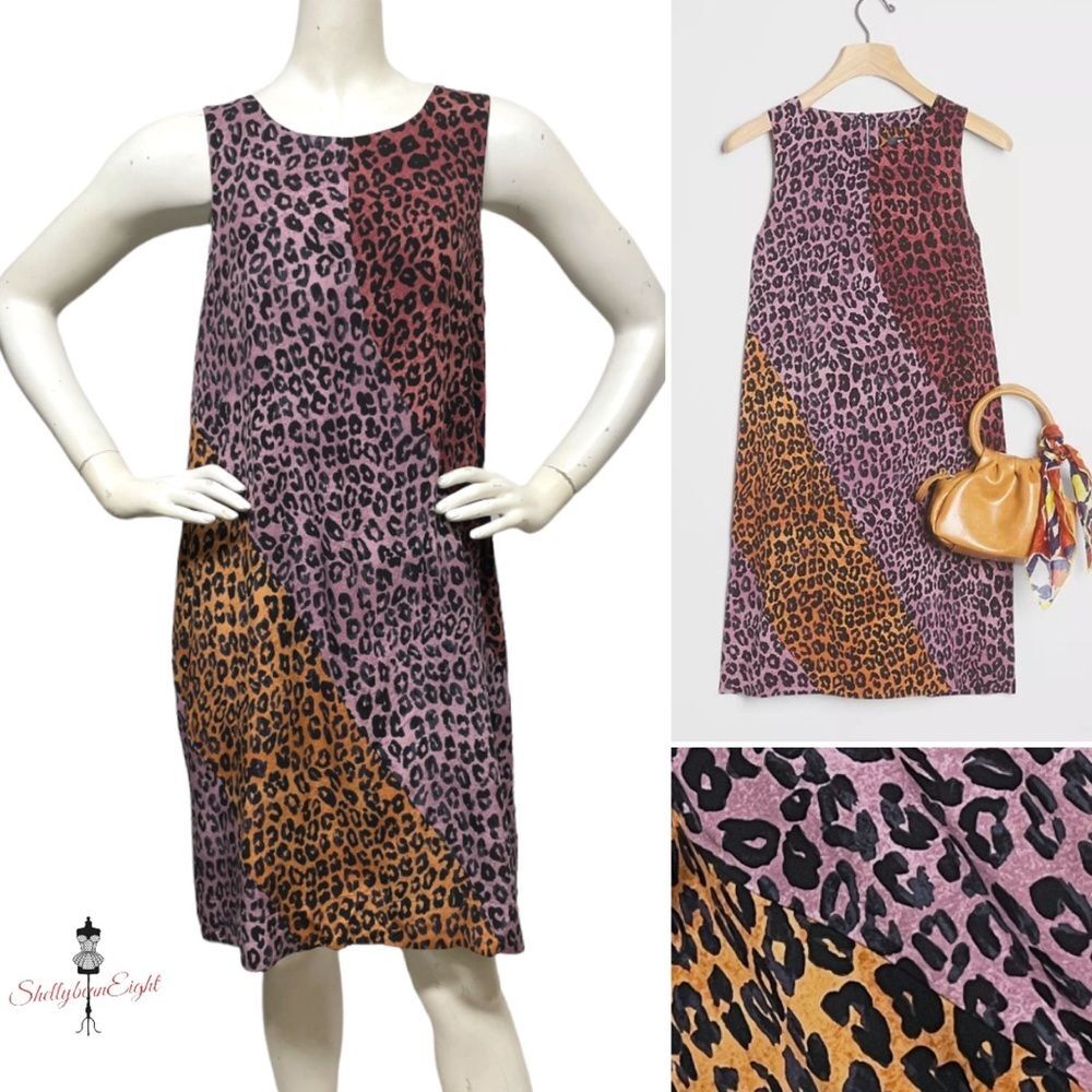 ANTHROPOLOGIE Maeve Wynn Leopard Animal Print Color Block Tunic Shift Dress M